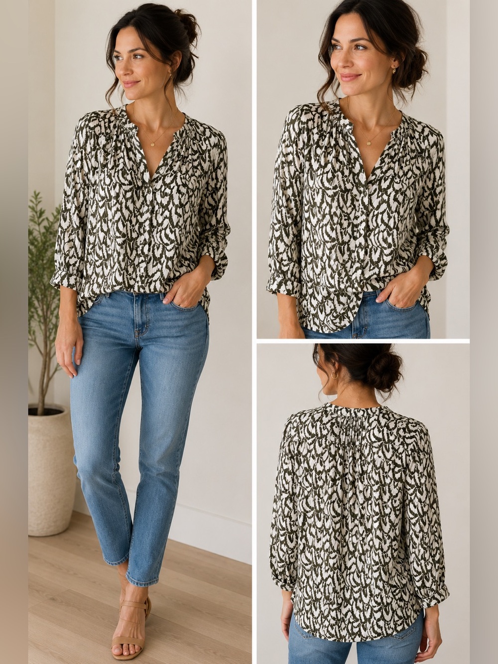 Jachs Girlfriend Olive and White Printed Button-Front Blouse